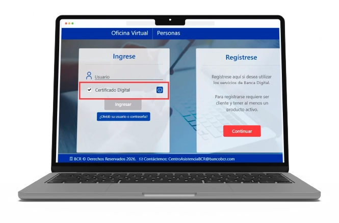Pantalla de inicio de sesión de Oficina Virtual BCR para Personas en laptop, con opción de ingresar usuario y activar certificado digital.