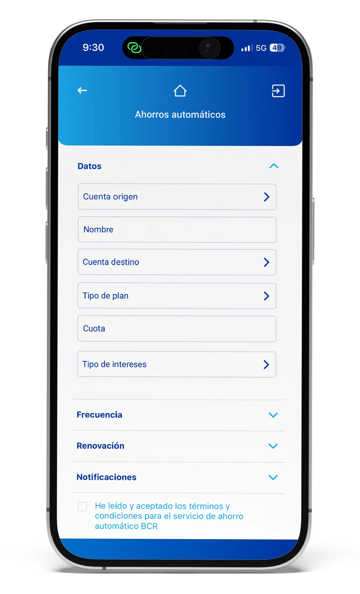 Pantalla móvil de la app BCR en la sección Ahorros automáticos con formulario de datos, cuenta origen, cuenta destino, tipo de plan, cuota, frecuencia, renovación y aceptación de términos.