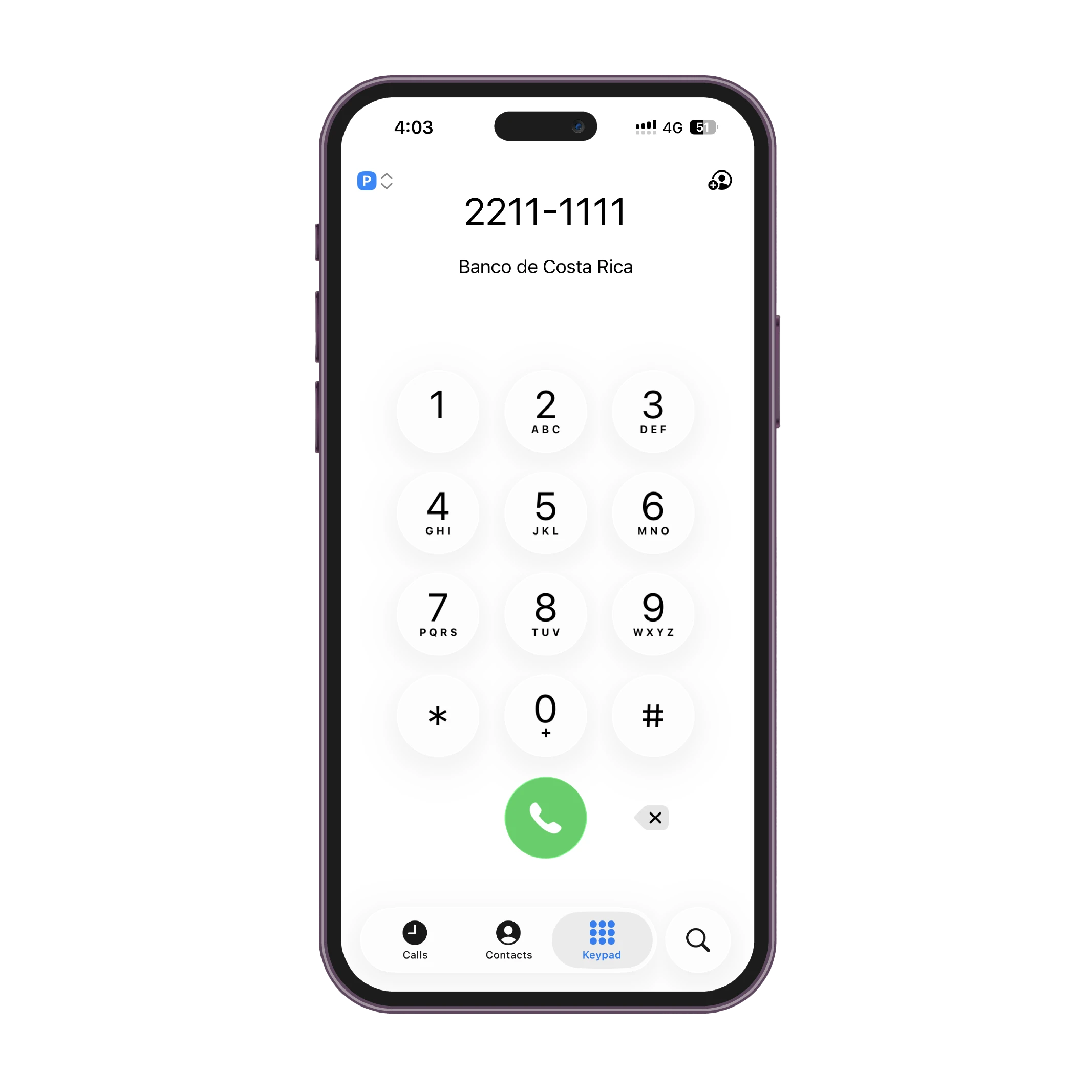 Pantalla de marcador telefónico en un iPhone mostrando el número 2211-1111 del Banco de Costa Rica, utilizado para realizar reportes.