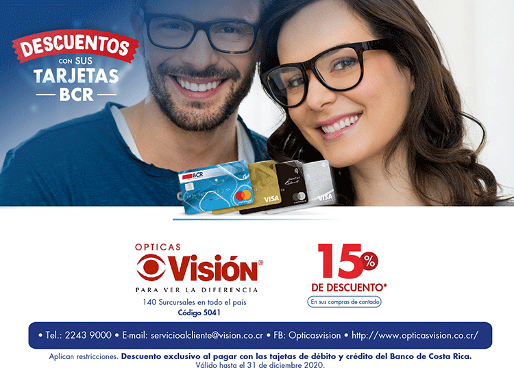 Vívalo con su Tarjeta BCR en: Ópticas Visión 15% de descuento en Ópticas Visión