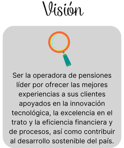 Visión: Ser la operadora de pensiones lider por ofrecer las mejores experiencias a sus clientes apoyados en la innovacion tecnologica, la excelecia en el trato y la eficiencia fincinciera de procesos, asi como contribuir al desarrollo sostenible... Visión: Ser la operadora de pensiones lider por ofrecer las mejores experiencias a sus clientes apoyados en la innovacion tecnologica, la excelecia en el trato y la eficiencia fincinciera de procesos, asi como contribuir al desarrollo sostenible...