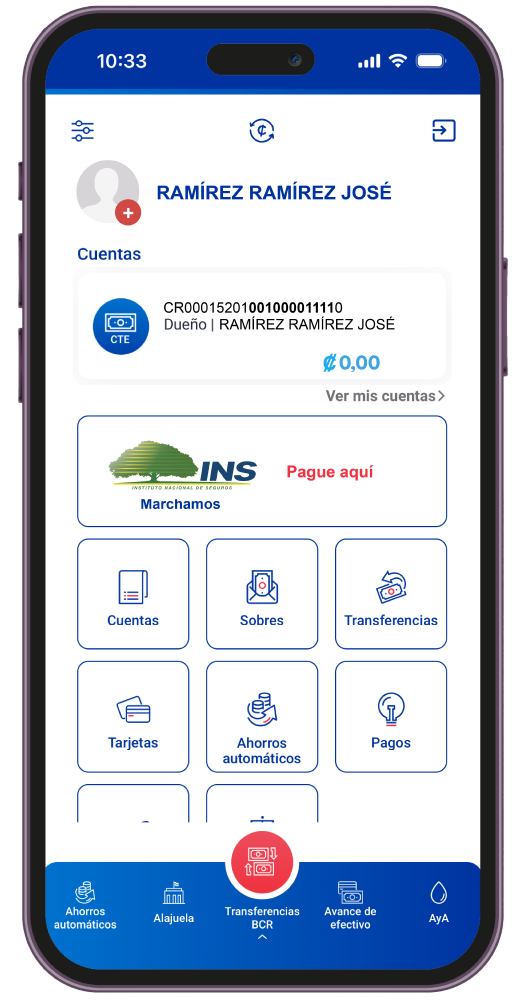Celular con app BCR Móvil mostrando el botón de pagar marchamo