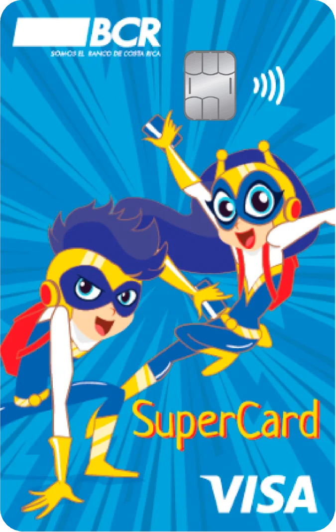 Tarjeta de color celeste con azul, ilustrada con dos jóvenes super héroes