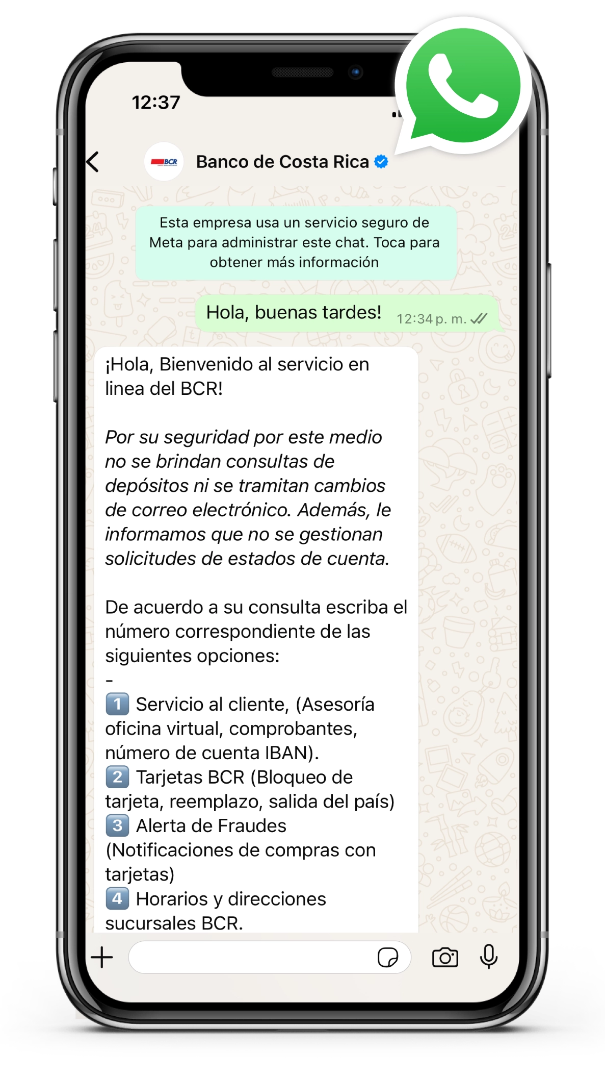 Teléfono con aplicación WhatsApp para contactar al BCR