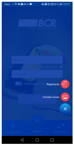 Imagen de la App BCR Móvil mostrando la opción para el registro