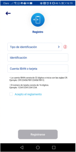 Imagen de la App BCR Móvil mostrando el registro