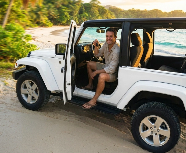 Hombre con llave en mano dentro de su vehículo nuevo