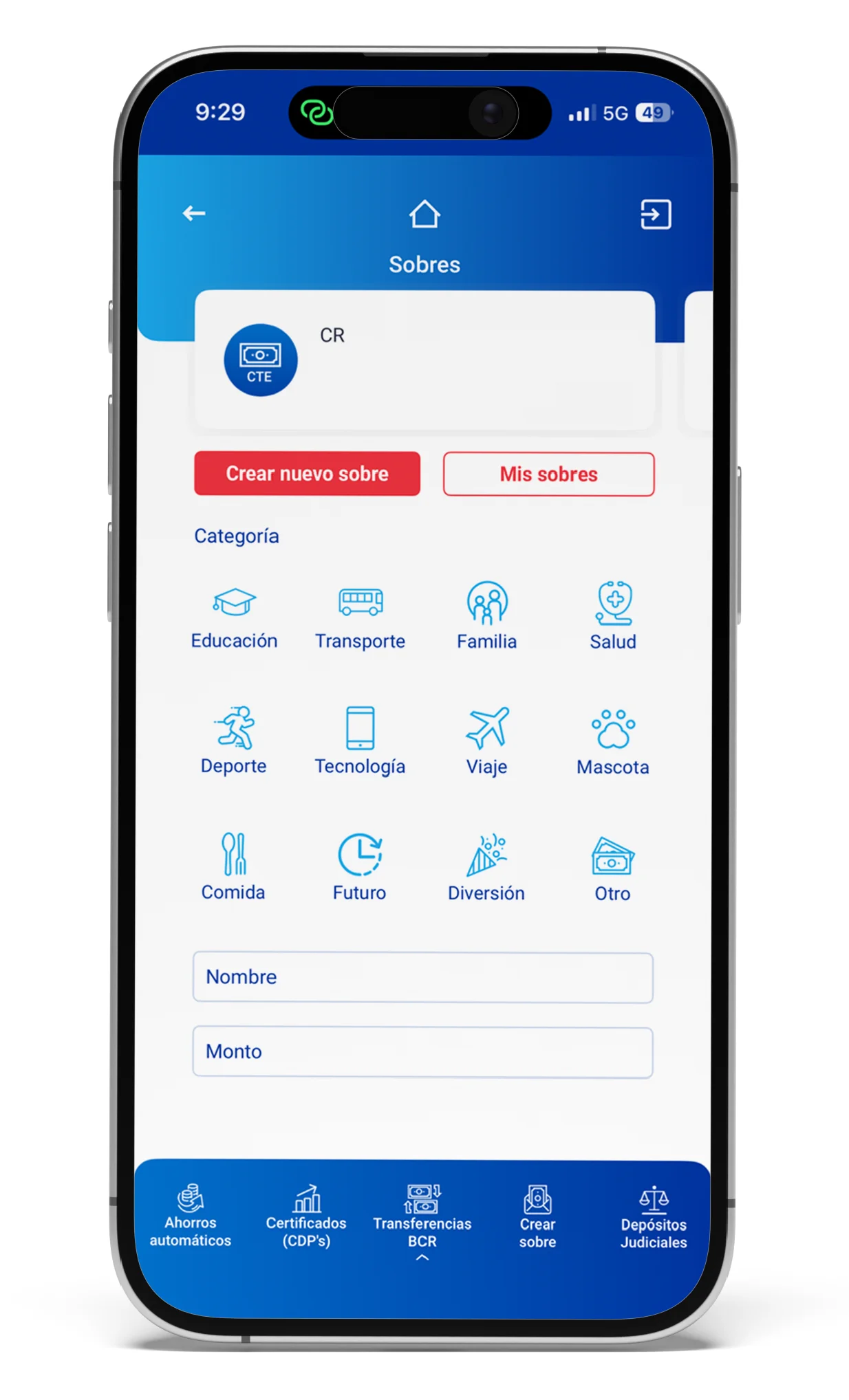 Pantalla principal de la aplicación BCR Móvil con opciones de cuentas, pagos y servicios bancarios