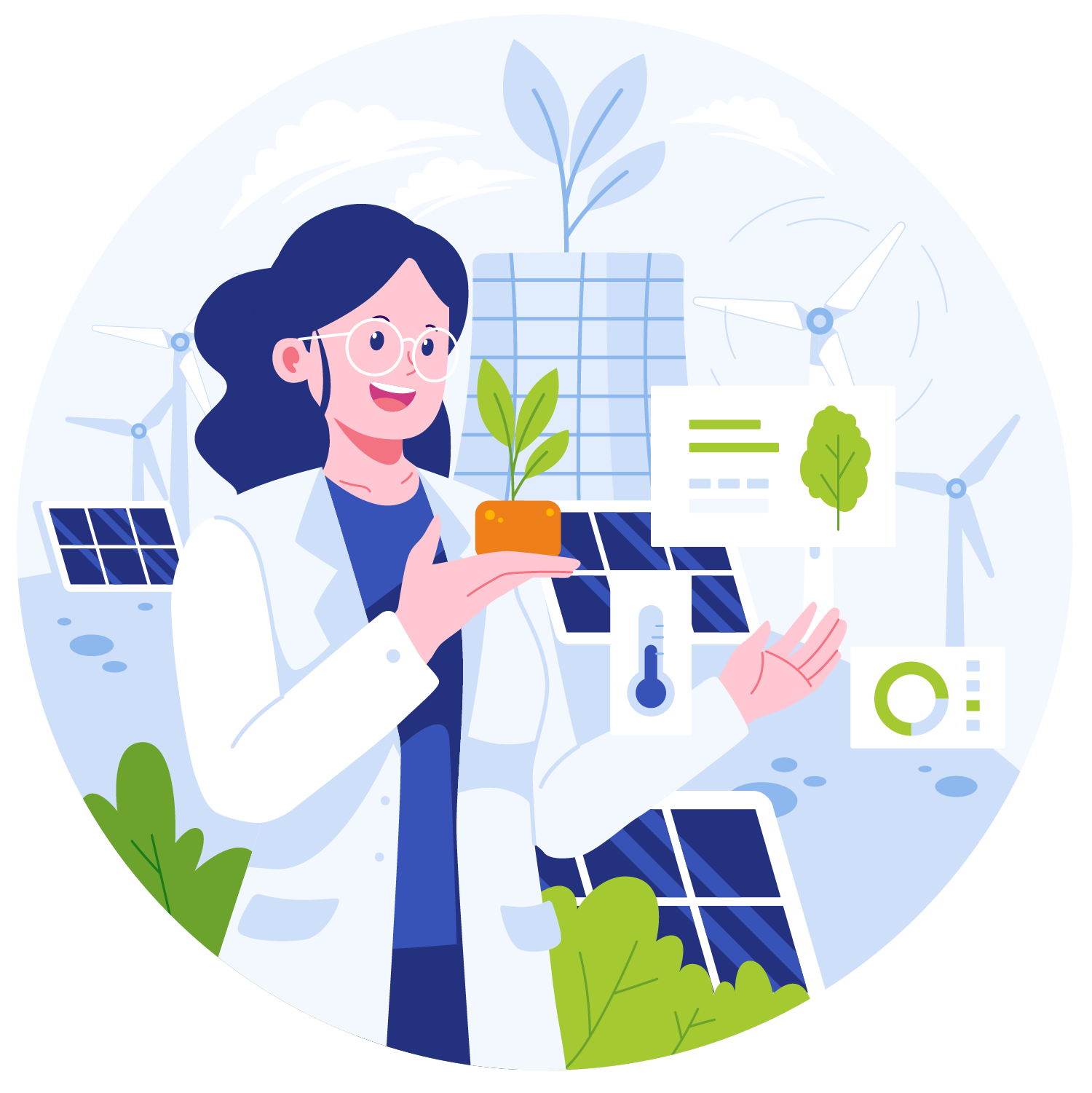 Ilustración de mujer trabajando de manera sostenible